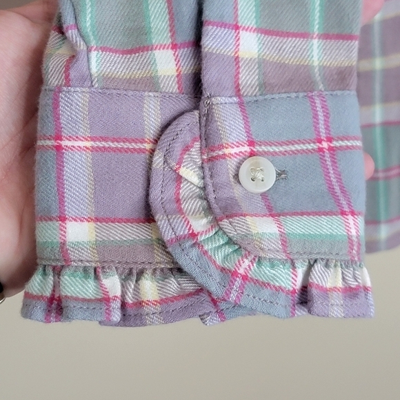 Lands' End | Pastel Purple Pink Green Plaid Flannel Shirt with Ruffle Details - Picture 3 of 6